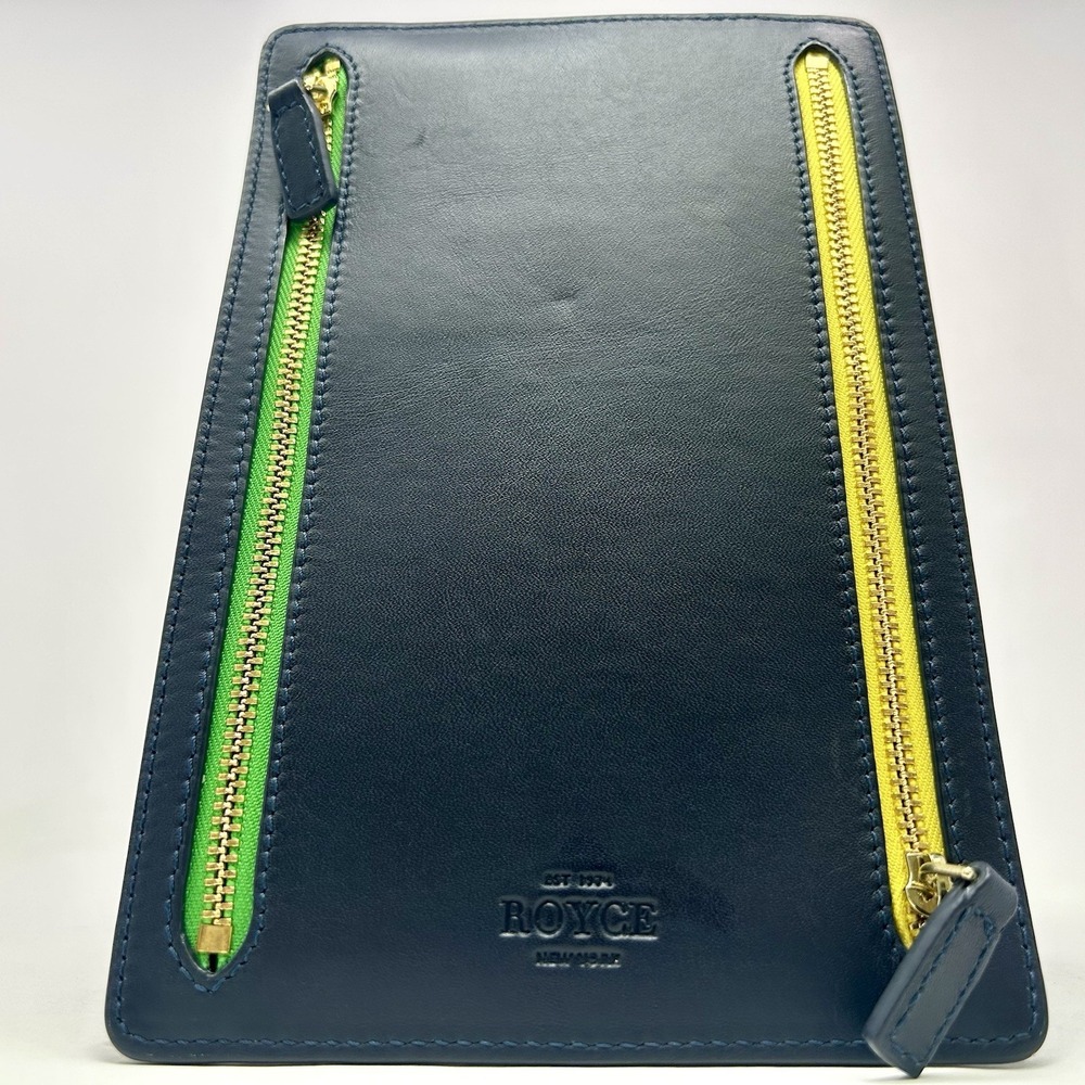 ROYCE New York Navy Leather RFID-Blocking Zip Organizer Travel Case **Dell Logo*